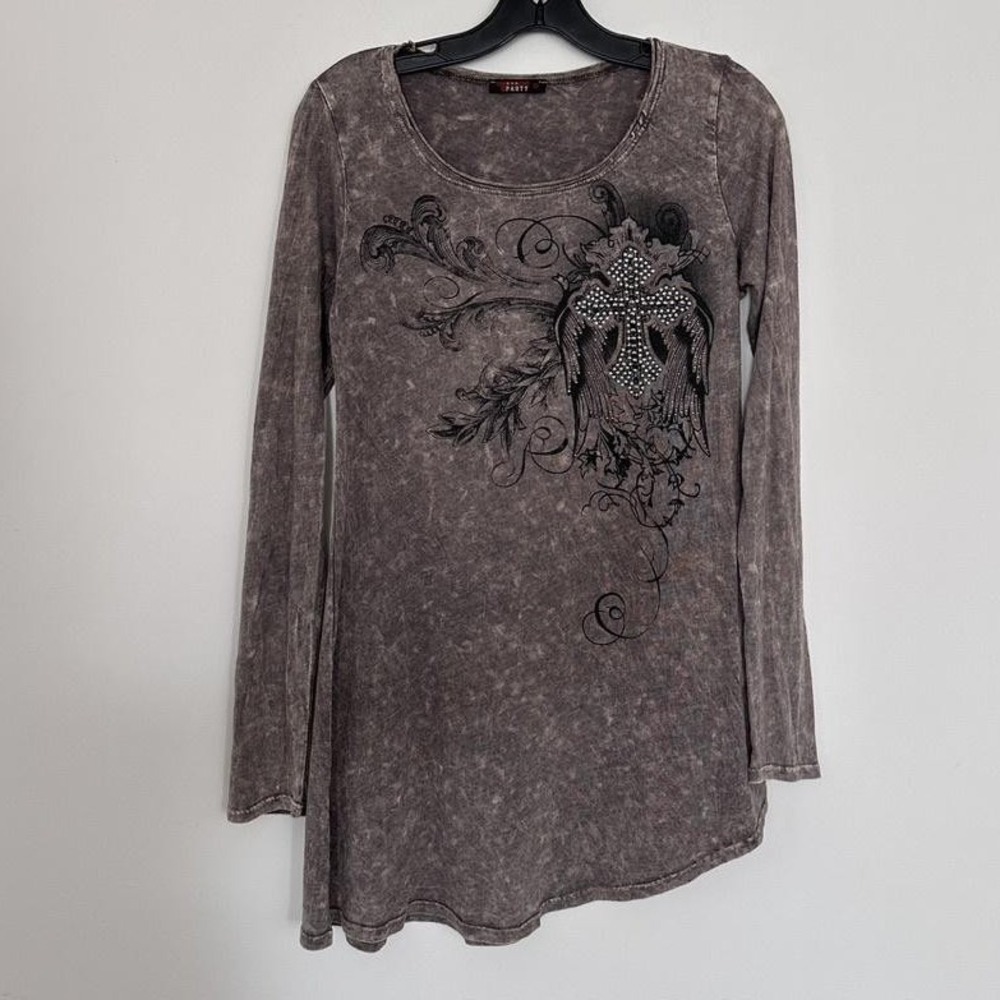 Y2K Winged Cross Rhinestone Tunic Top Gray‎ Acid Wash Grunge Gothic T Party S
